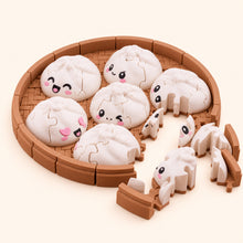 Smiling dumpling 3D printed jigsaw puzzle with interlocking pieces in a bamboo-style tray