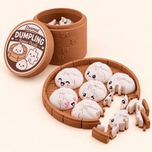 3D printed dumpling jigsaw puzzle with smiling faces, matching storage container and labelled lid